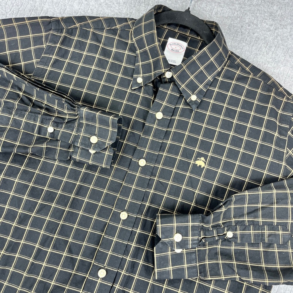 Brooks Brothers Button Down Shirt Mens L Black Windowpane Long Sleeve Logo